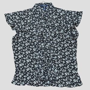 CHAPS Women’s Ruffle Blue Pink White Flower Blouse Top Flowy PETITE LARGE PL